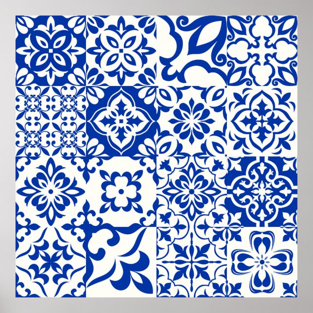 Uppsättning med 16 brickor Azulejos i blått, vitt. Poster (Framsidan)