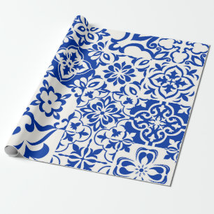 Uppsättning med 16 brickor Azulejos i blått, vitt. Presentpapper
