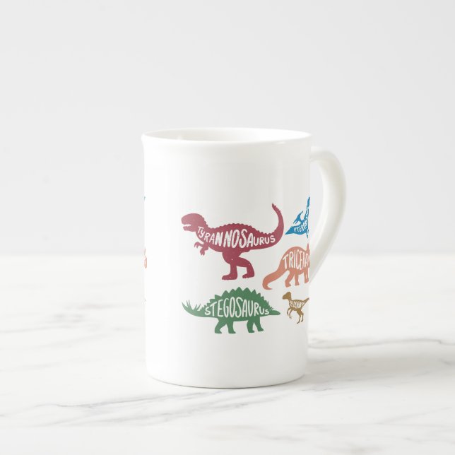 Uppsättning silhuetter av olika dinosaurier benporslin mugg (Framsida höger)