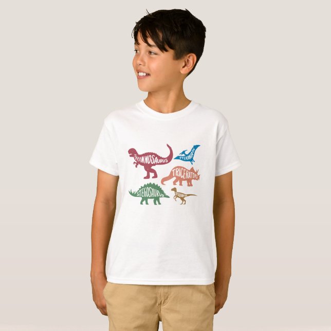 Uppsättning silhuetter av olika dinosaurier t shirt (Hel framsida)