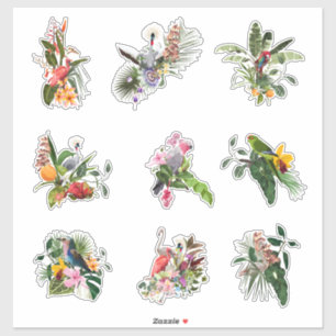 Uppsättning tropiska blommor, handflatan löv och f klistermärken