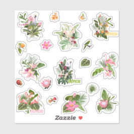 Uppsättning tropiska blommor, handflatan löv och f klistermärken