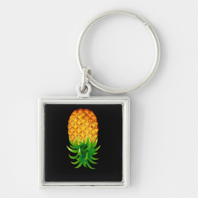 Uppsida ned, ananas fyrkantig silverfärgad nyckelring (Framsidan)