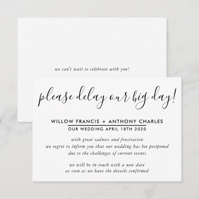 UPPSJUTEN BRÖLLopsdag fördröja vår stora dag enkel Inbjudningar (Fram/baksida)