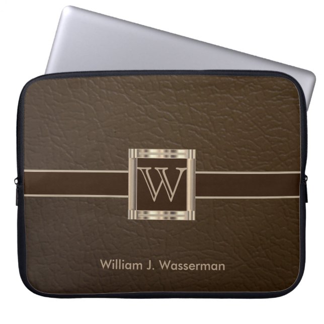 Uppskalning av monogram Chocolate-läder Laptop Sleeve (Framsidan)