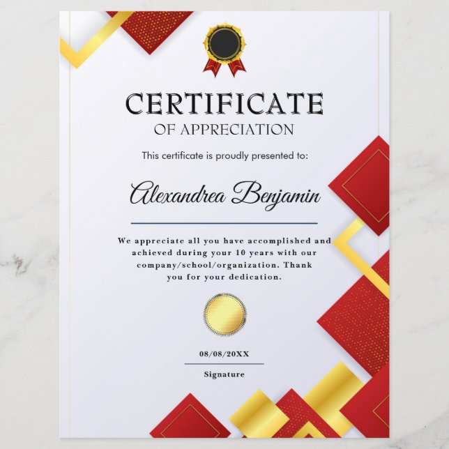 Uppskattning av blått certifikat för Guld (Framsida)