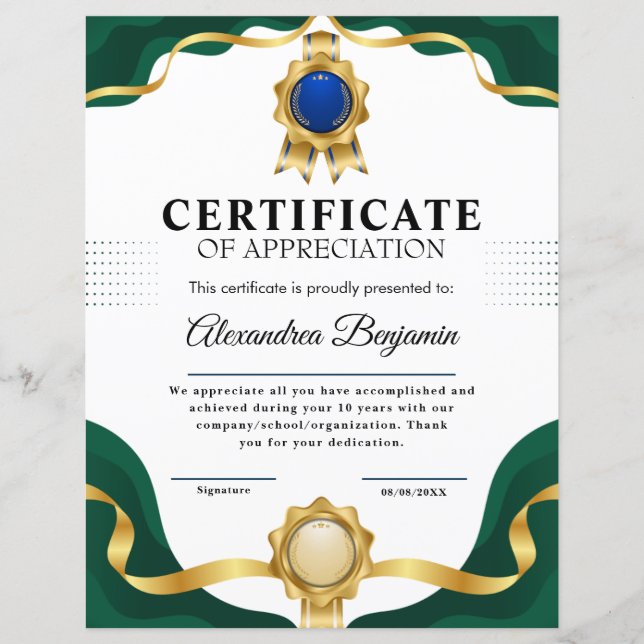 Uppskattning av blått certifikat för Guld (Framsida)