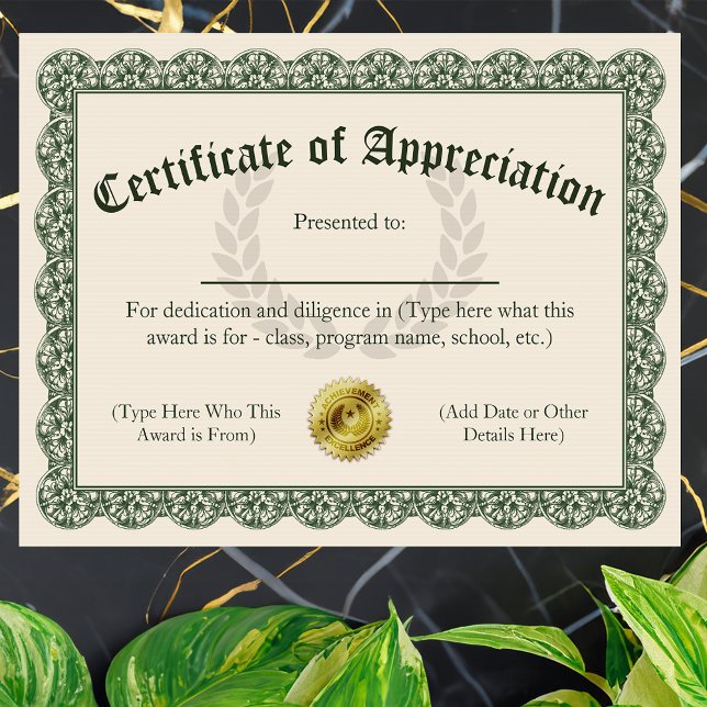 Uppskattningsbevis, Anpassade 8.5x11 (certificate of appreciation)