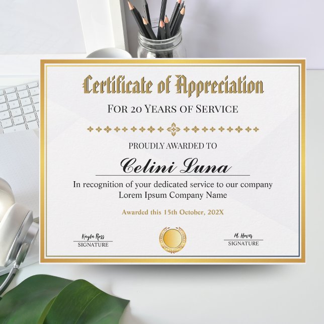 Uppskattningsbevis - arbete i Guld Ram (Certificate of Appreciation - Gold Frame Work & Service Award)