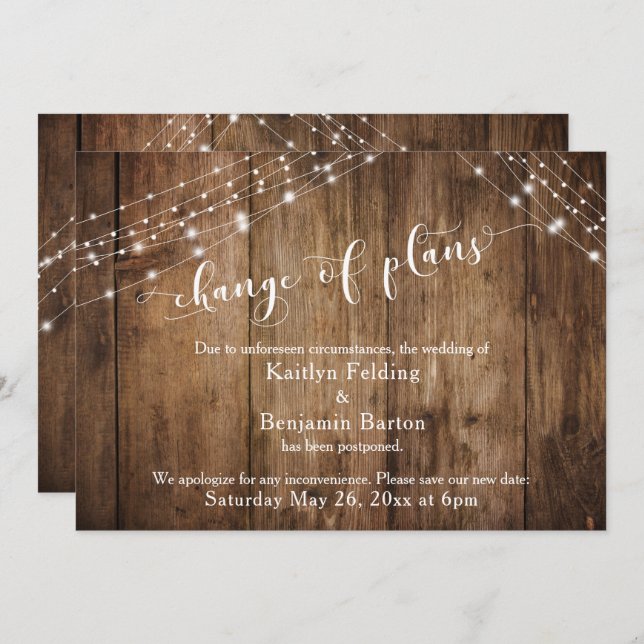Uppskjuten ändring av Bröllop-planen för trä och L Inbjudningar (Fram/baksida)