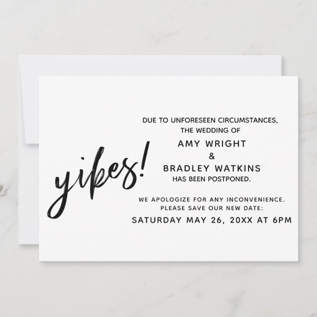 Uppskjuten avisering från Humor i Bröllop! Inbjudningar (Framsida)