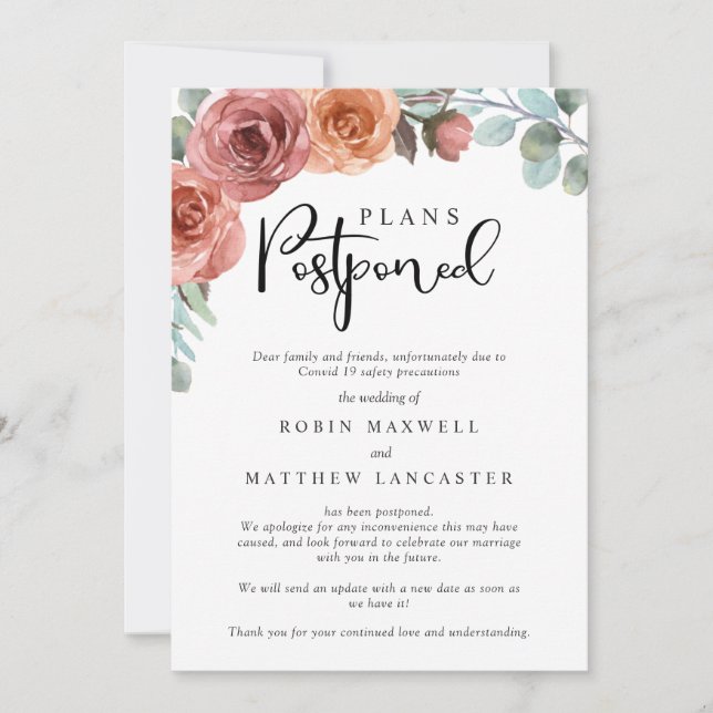 Uppskjuten bröllop - Annullering - Ändring av plan Inbjudningar (Framsida)