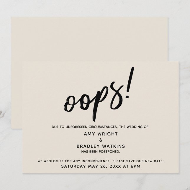 Uppskjuten Bröllop Humous "Oops"! Cream Card Inbjudningar (Fram/baksida)