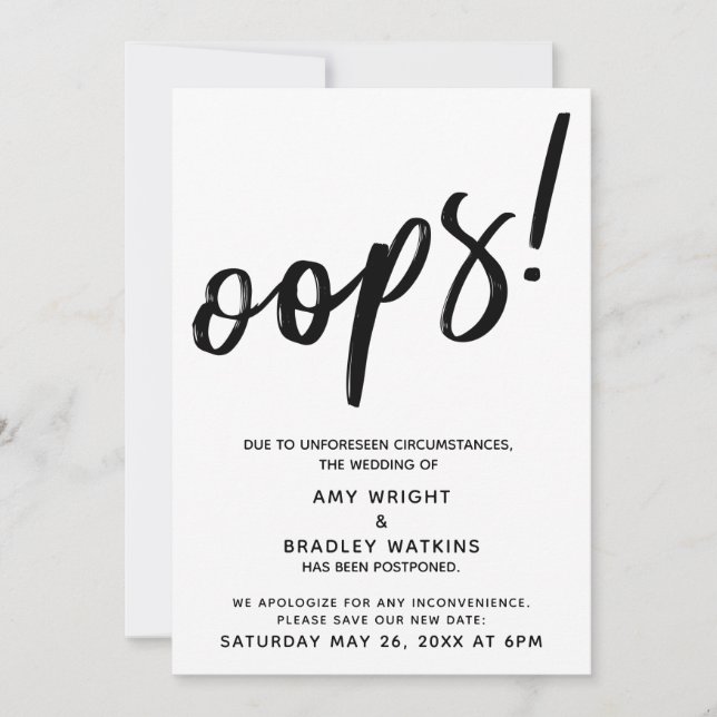 Uppskjuten Bröllop Humous "Oops"! Meddelande Inbjudningar (Framsida)