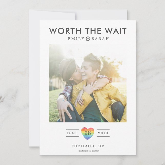 Uppskjuten bröllops-LGBTQ- Spara datum med foto Datumet (Framsida)