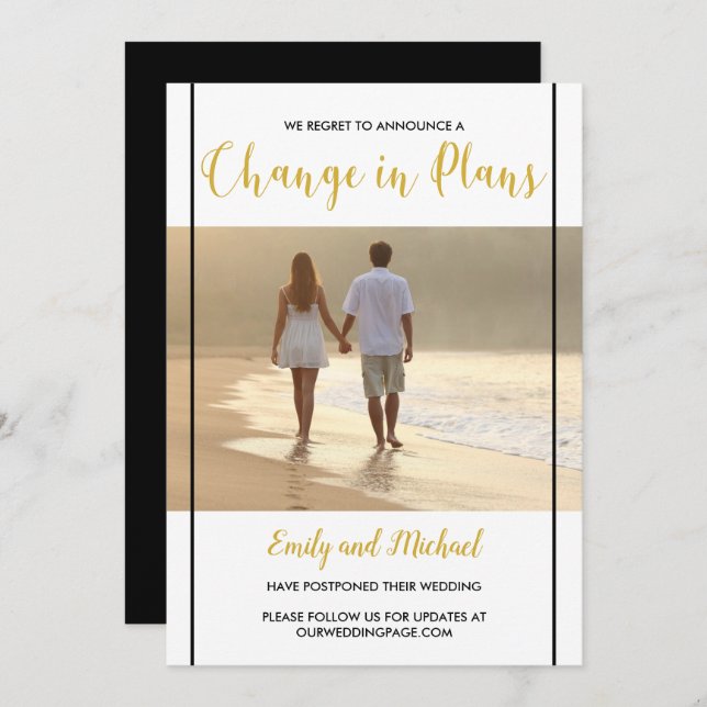 Uppskjuten fotovarning för Bröllop Black & Guld Inbjudningar (Fram/baksida)