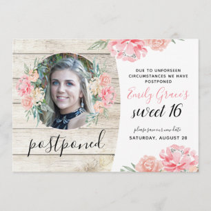 Uppskjuten Rustic Wood Sweet 16 Spara datumet Inbjudningar