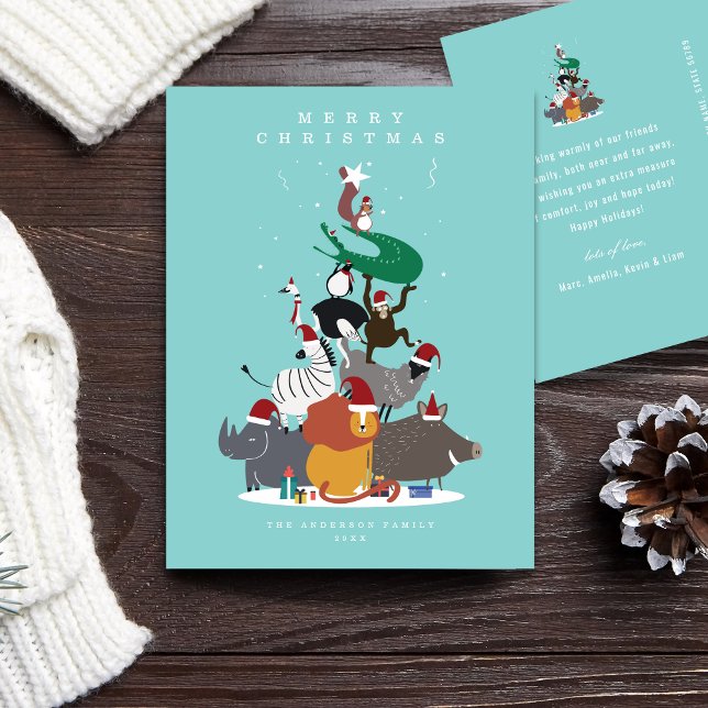 Uppskjutningskort för vildlevande djur Julgran Hel Helg Vykort (Wildlife Animals in a Christmas tree form with Christmas hats postcard)