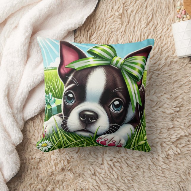Uppspelad Boston Terrier Puppy med Grönt Bow Kudde (Filt)