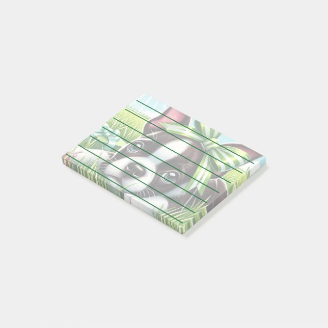 Uppspelad Boston Terrier Puppy med Grönt Bow Post-it Block (Vinklad)