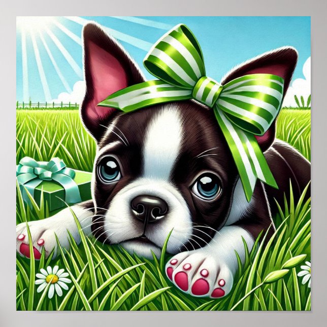 Uppspelad Boston Terrier Puppy med Grönt Bow Poster (Framsidan)