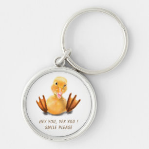 Uppspelad Gult Duckling Lycklig Wink Keychain Smil Rund Silverfärgad Nyckelring