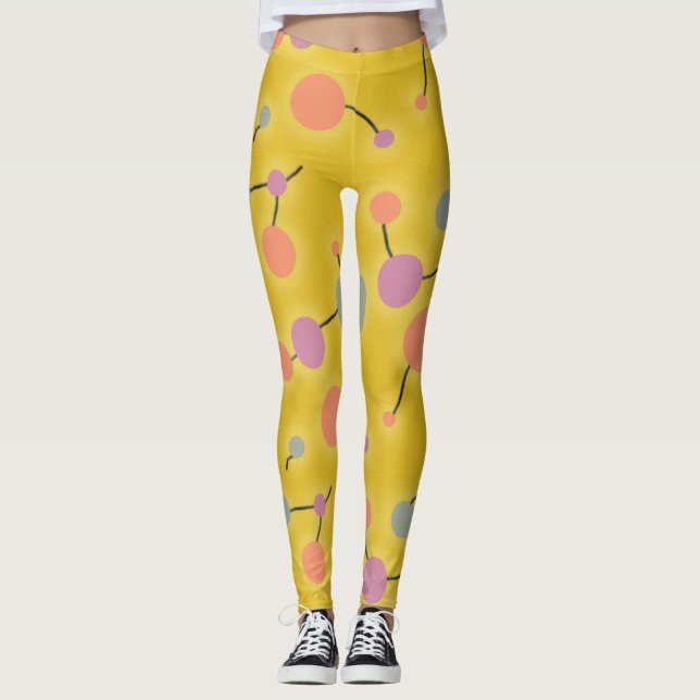 Uppspelad Retro Large Molecules Universe Rosa Gult Leggings (Framsida)