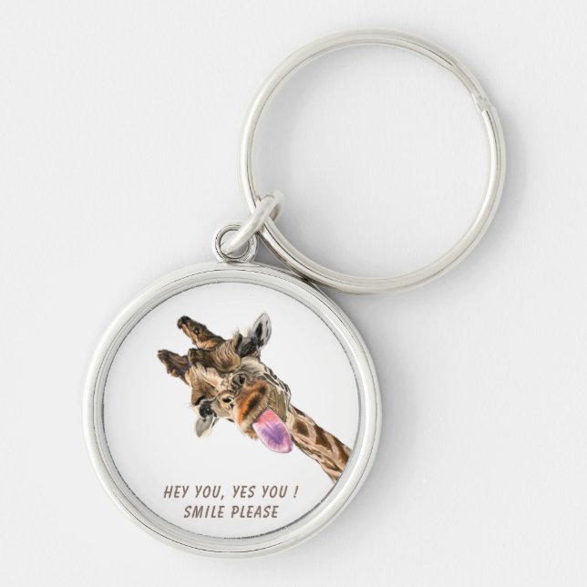 Uppspelad utgång för nyckelkedjan Lycklig Giraffe  Rund Silverfärgad Nyckelring (Framsidan)