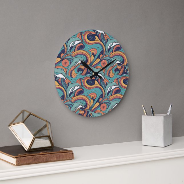 Uppspelande delfiner Mönster - Ocean-Inspired Desi Stor Klocka (Kontor)