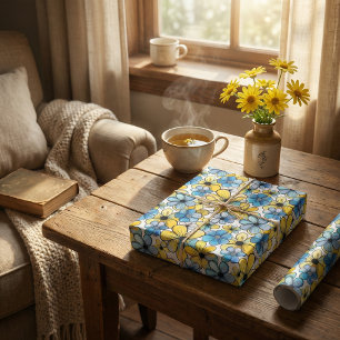Uppspelande Retro-Blommönster, Mjuk blå och Gult Presentpapper