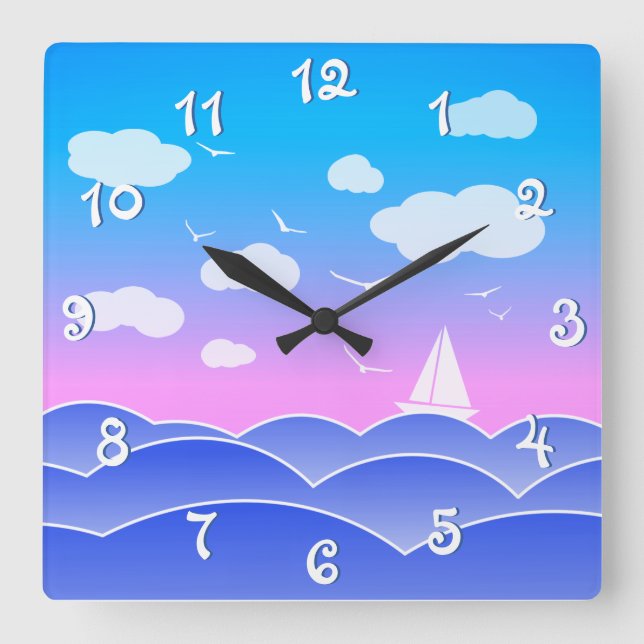 Uppspelande Sjölandskap av Färgad, blått hav Fyrkantig Klocka (Framsida)