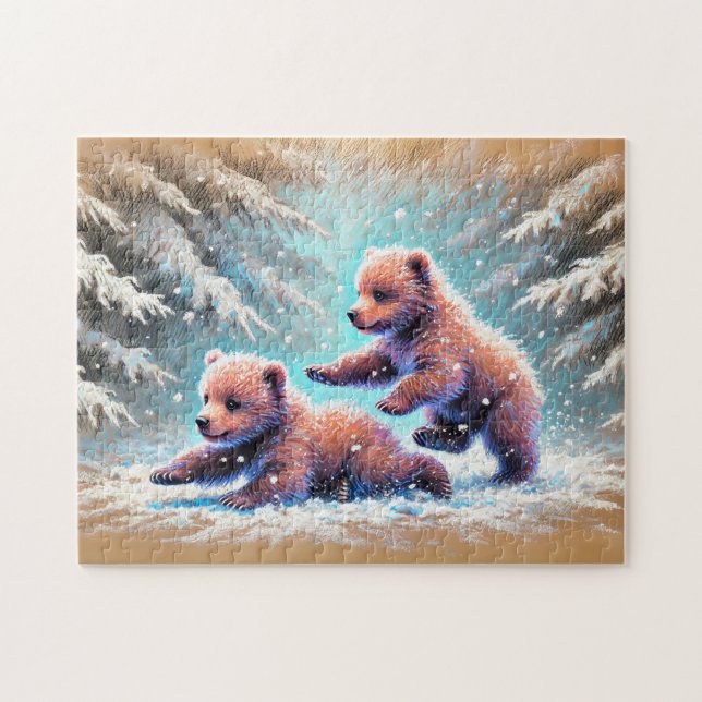 Uppspelningsbjörn Unge i Snö Pastel Chalk Teckning Pussel (Horisontell)