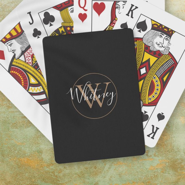 Uppspelningskort för svart och Guld-monogram Namn Casinokort (Black and Gold Monogram Script Name Playing Cards)