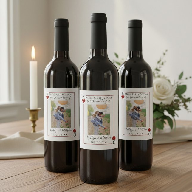 Uppspelningskort med Bröllop-foto Spara datum Vinflaska Etikett (Skapare uppladdad)