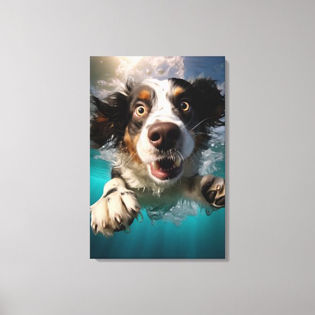 Uppspelt Hund Simmar Under Vatten Design Canvastryck (Framsida)