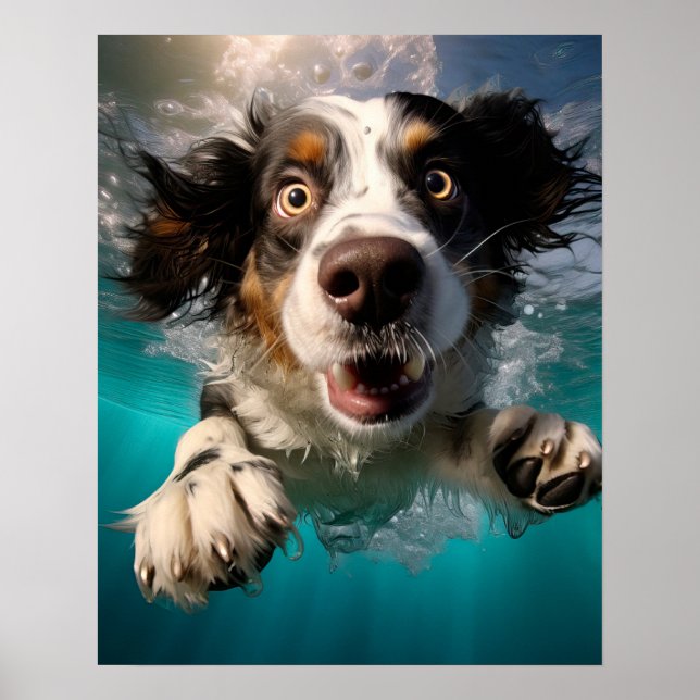 Uppspelt Hund Simmar Under Vatten Design Poster (Framsidan)