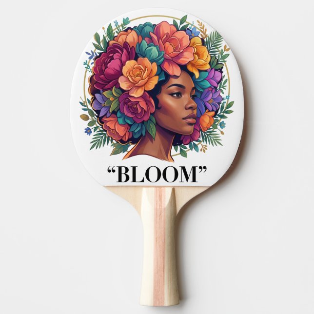 Uppsving Inspirerande Svart Kvinna Blommig Afro Pingisracket (Framsidan)
