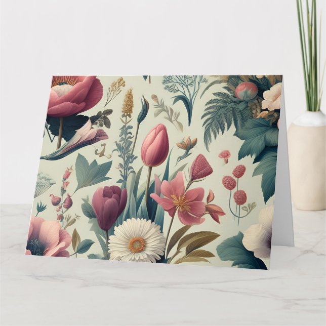 Upptäck fantastiska vårblommors botaniska mönster tack kort (Framsida)