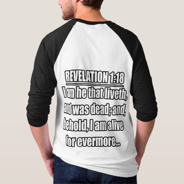 Upptäckt 1:18 KJV. Bible Verse T Shirt (Baksida)