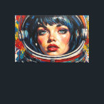 UPPTÄCKTSDAGAR 18 CANVASTRYCK<br><div class="desc">Otis Porritts digitala konstverk presenterar en slående närbild av en kvinnas ansikte, inramad i den reflekterande visiret på en astronaut hjälm. Hennes intensiva blå ögon, prydda med långa ögonfransar och örfilar drar betraktaren till sig, kontrasterad av levande röda läppar. Verket är renderat med djärva, uttrycksfulla penseldrag som härmar en rik...</div>