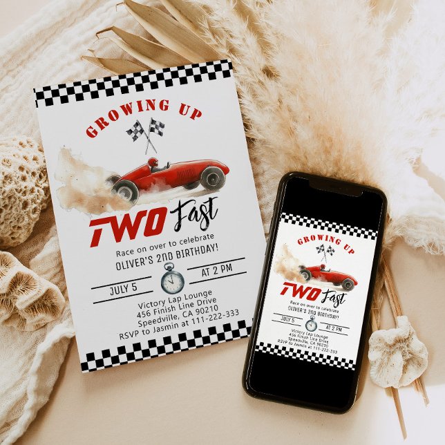 Uppväxt Två snabba Röda Tävling-bilar 2:a födelsed Inbjudningar (Skapare uppladdad)