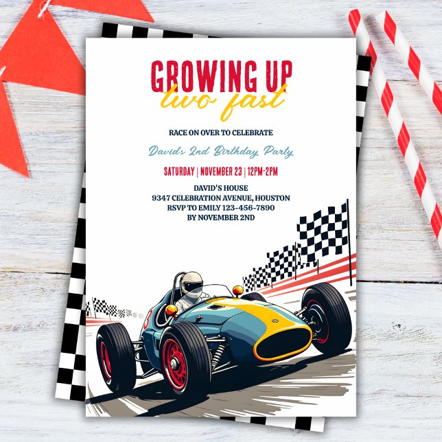 Uppväxt två snabbbilsbarn i Tävling 2:a födelsedag Inbjudningar (Growing Up Two Fast Race Car Boy 2nd Birthday Invitation)