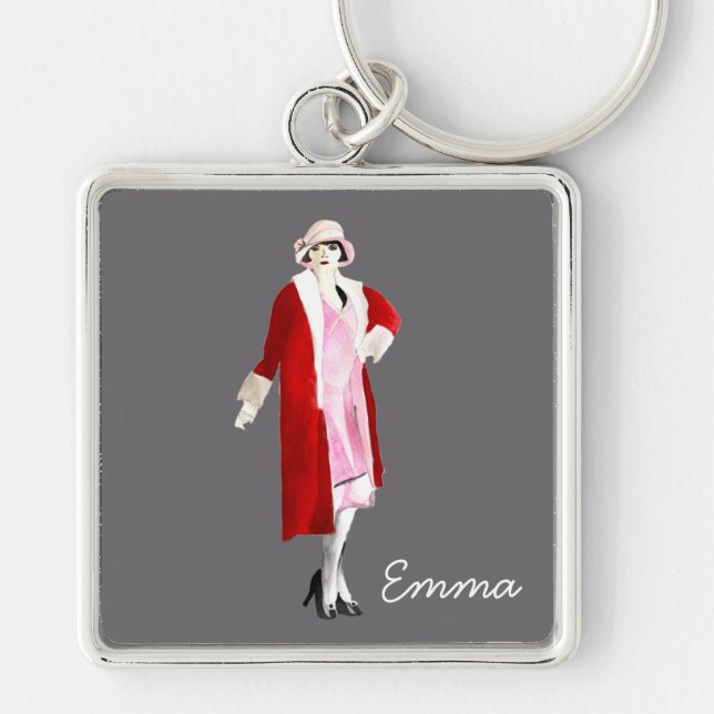 Uppväxtvänjning vid vintage mode dam fyrkantig silverfärgad nyckelring (Framsidan)