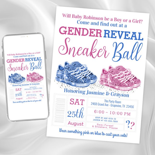 Uppvisningsprogram för Genderna Sneaker Boll Inbjudningar (Sneaker ball gender reveal shower invitation. Instant download and printed invitations available.)