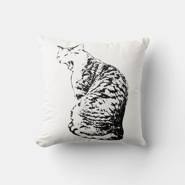 Upright Yawning Tabby katt Monokrome Dekorativ kud Kudde (Framsida)