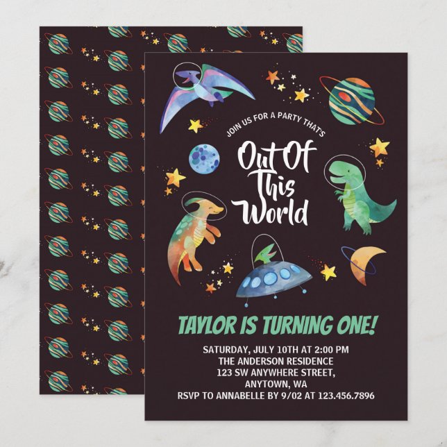 Ur denna världsdag är Dinosaur Galaxy Birthday Inbjudningar (Fram/baksida)