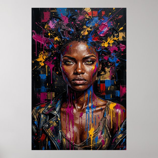 Urban Afrofuturism Svart Drottning Målarfärgsdropp Poster (Framsidan)