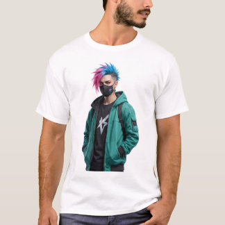 Urban animepojke med tryckt guld lejon på ryggen t shirt