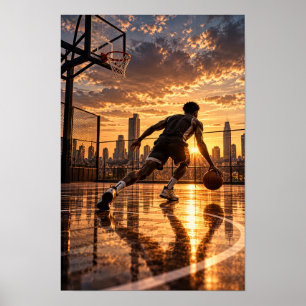 Urban Basketbollsdribbling vid solnedgång – Stadss Poster