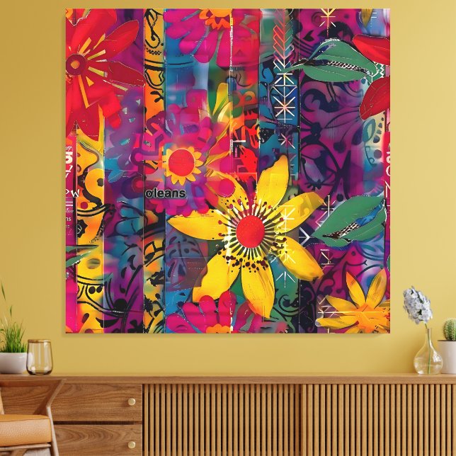 Urban Bloom – Levande Graffiti Blomster Explosion Canvastryck (Insitu (Vardagsrum))
